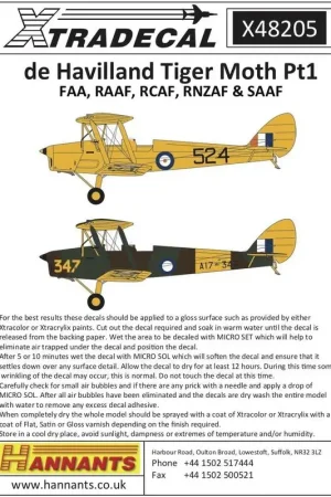 Sticker de Havilland DH.82a Tiger Moth Pt1 FAA, RAAF, RCAF, RNZAF & SAAF (4) T7189 / L1A van 780 Naval Air Squadron 1943. A17-56 Exclusieve Aanbieding