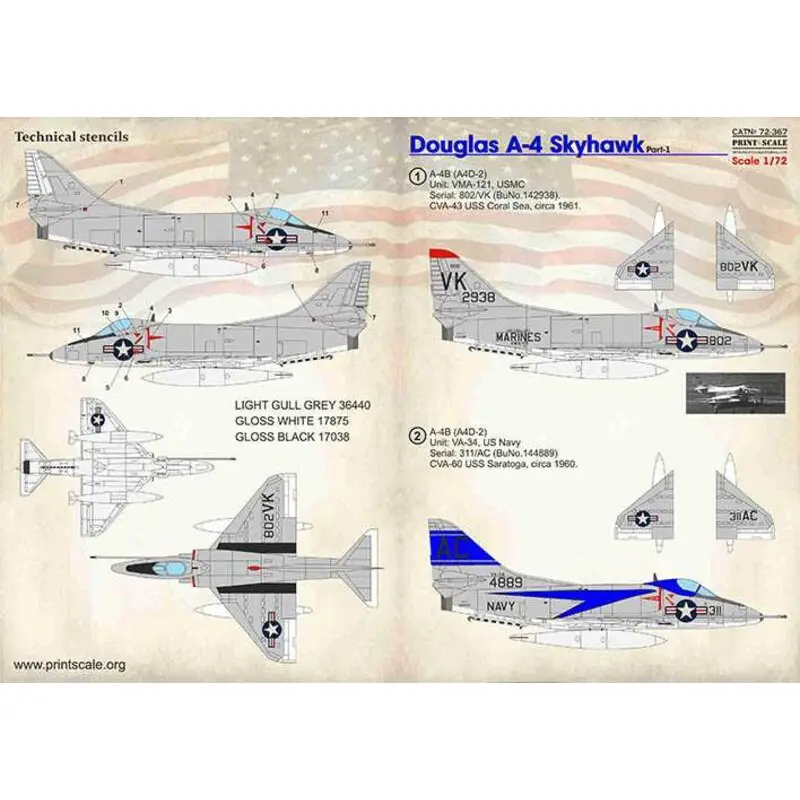 Sticker Douglas A-4 Skyhawk.Deel 1 1. A-4B (A4D-2) Eenheid: VMA-121, USMC Serie: 802 / VK (BuNo.142938).CVA-43 USS Coral Sea, Korting