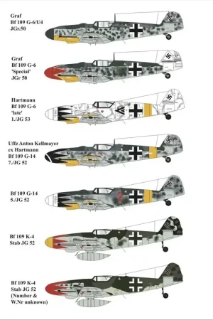 Sticker Messerschmitt Bf-109G-6 Wit 1Bf-109G-14 Dubbel ChevronBf-109G-14 Rood 2Herman Graf's G-6 'Speciaal groen 1Bf-109K-4 Zwar Bestel Nu