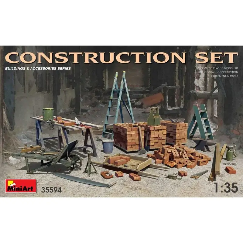 Actieprijs CONSTRUCTIE SET Kit bevat modellen van: ladders, tafel, emmers, stenen, kar, aambeeld, balken, kriksteun en gereedschap