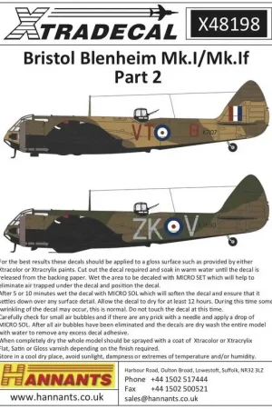 Koop Online Sticker Bristol Blenheim Mk.I / Mk.If (5) K7090 ZK-V 25 Sqn RAF North Weald februari 1940.L1327 RO-I 29 Sqn RAF Digby juni 1940.