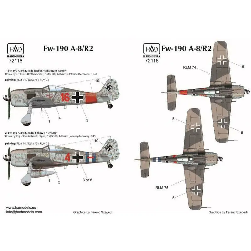 Sticker Focke-Wulf Fw-190A-8 / R2 (Sau red ur 16, red 4 Schwarzer panter) Decal Gereduceerde Prijs