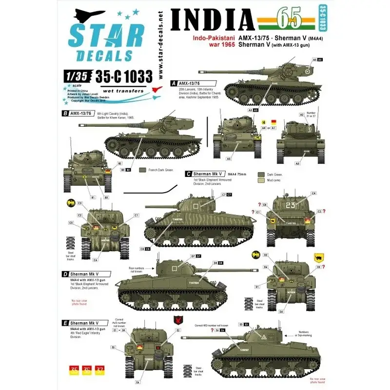 Indo-Pakistaanse Oorlog 1965. AMX-13/75, Sherman Mk.V (M4A4), Sherman Mk.V met AMX-13 geweer. Tijdelijk Beschikbaar