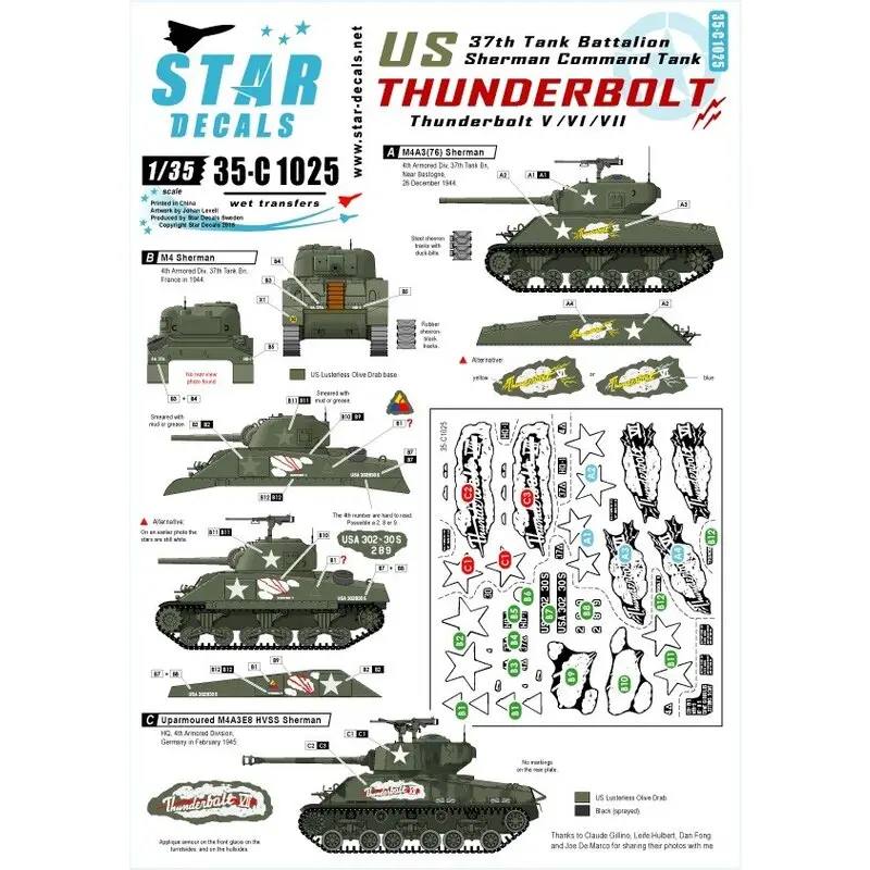 Actieprijs Thunderbolt V / VI / VII - 37 Tank Bn.M4 Sherman, M4A3 (76), M4A3E8 HVSS. Decal