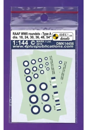 Sticker RAAF WWII roundels type A (dunne ring), 2 sets dia 18,24,30,36,48,54 + fin flash 16x24,22x24,24x24 schaal diameter: 3,2- Exclusieve Aanbieding