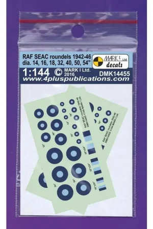 Sticker SEAC roundels 1942-1946, 2 sets dia 14,16,18,32,40,50,54 + fin flash 16x24,22x24,34x24scale diameter: 2,5-2,8 - 3,2-5,6 Fabrieksprijs