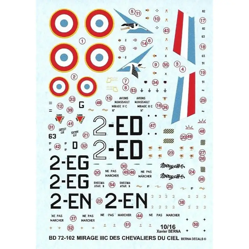 Laatste Kans Sticker Dassault Mirage IIIC 'Knights of the Sky': 2-ED 'Cigognes' Dijon 1964, 2-EG 'Cigognes' Dijon 1967, 2-NL 'Cigognes' Dijon