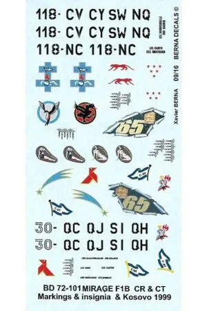 Laatste Versie Sticker Dassault Mirage F.1B, F.1CR & F.1CT: Add-on aan ref BER72026, BER72027, BER72047 & BER72048 met diverse markeringen en b
