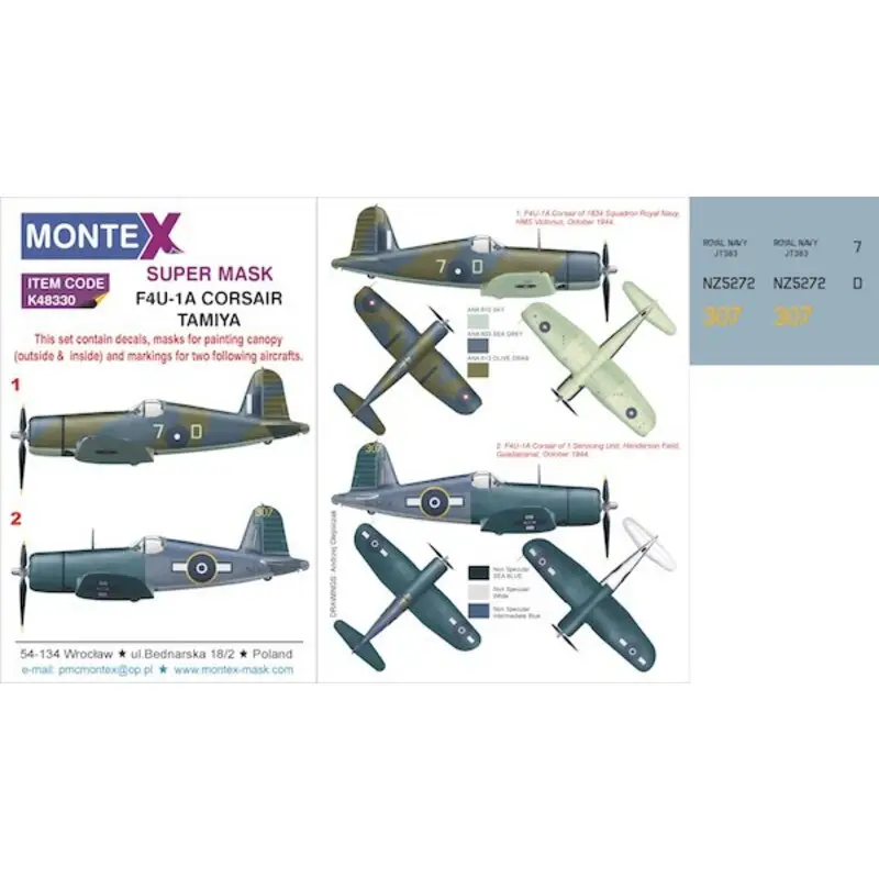 Vought F4U-1 Corsair (ontworpen voor gebruik met Tamiya kits) 2 kap masker (buiten en binnen) + 2 insignia maskers + decals Gecertificeerd