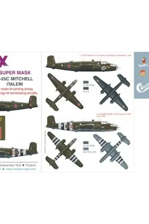 Noord-Amerikaanse B-25C Mitchell (ontworpen voor gebruik met Italeri kits) 2 kap masker (buiten en binnen) + 2 insignia maskers Finale Uitverkoop