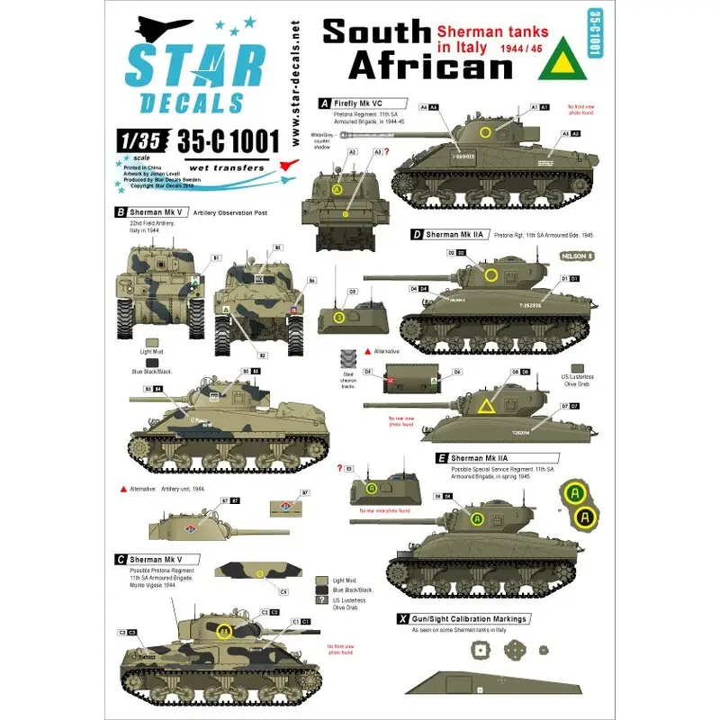 Express Levering Zuid-Afrikaanse Shermans in Italië 1943-1945 - Mk III, Mk IIA, Firefly Mk.VC Decal