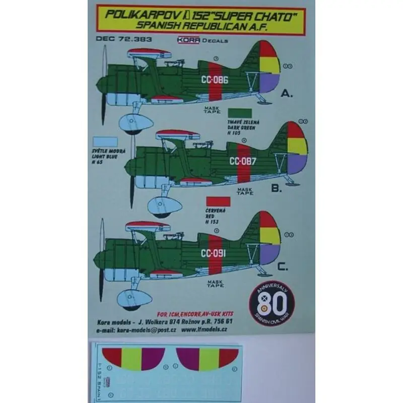 Sticker Polikarpov I-152 in het Spaans Republikeinse AF Decal Bestseller