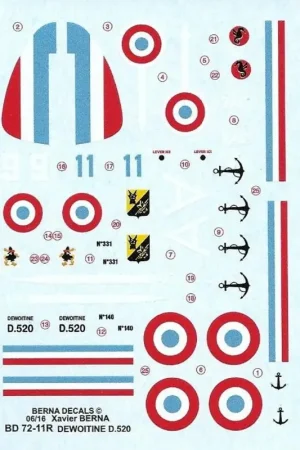 Sticker Dewoitine D.520 GCIII / 6, AC1, AC2 (3 regelingen) ref.BD 72-11R (herzien) Decal Aanbieding