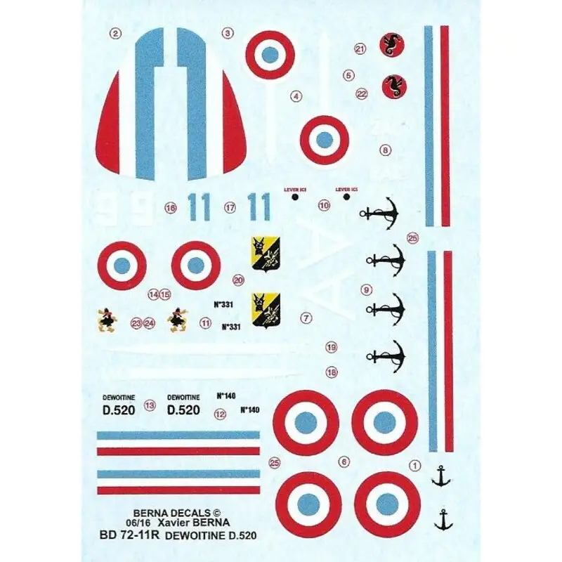Sticker Dewoitine D.520 GCIII / 6, AC1, AC2 (3 regelingen) ref.BD 72-11R (herzien) Decal Aanbieding