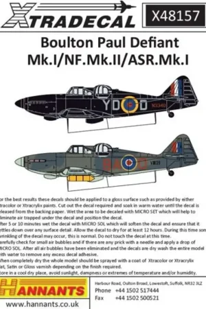 Betrouwbaar Sticker Boulton-Paul Defiant Mk.I/NF.II/ ASR.Mk.I (6) Mk.I N3340 YD-D 255 Sqn RAF Kirton-in-Lindsey 1941 - Mk.I N3437 EW-K 307(P