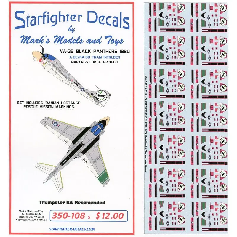 Seizoensaanbieding Sticker VA-35 Black Panthers Grumman A-6E TRAM 1980 Designed for the 1/350 Trumpeter A-6E kit. Set includes markings for 10 A-6E