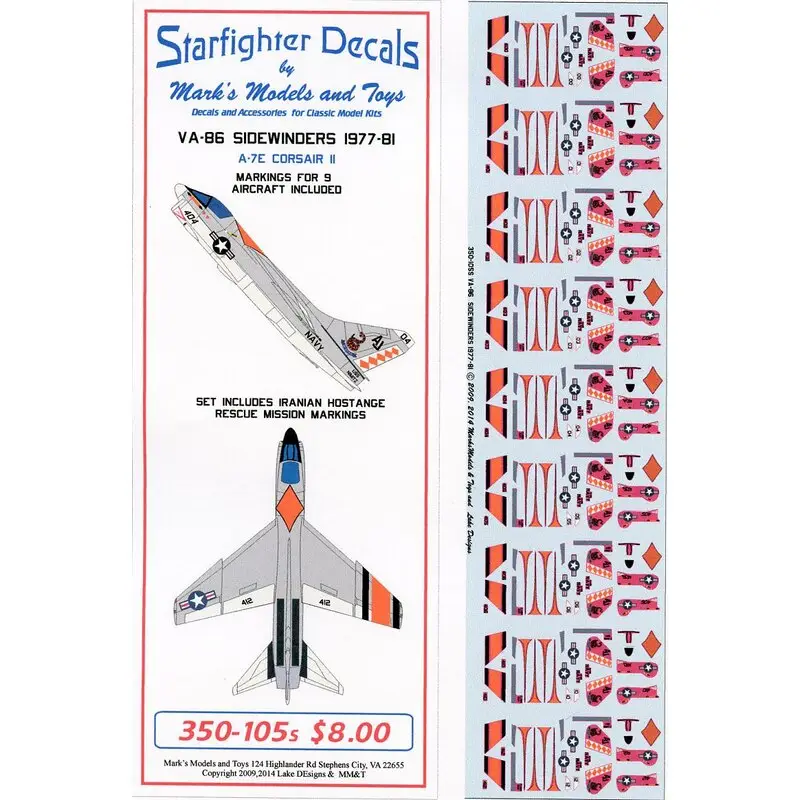 Sticker Vought A-7E Corsair VA-86 Sidewinders. Set contains markings for 9 aircraft from VA-86 from CVW-8 from 1977-81. Set cont Beperkt Aanbod