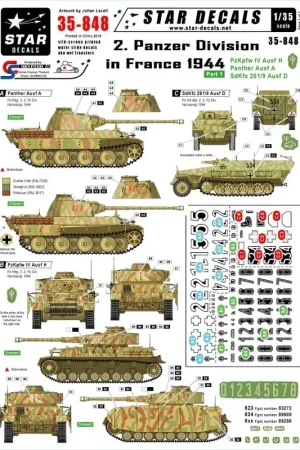 Alleen Vandaag 2. Panzer Division in France 1944 - Pz.Kpfw.IV Ausf.H generic numbers, Pz.Kpfw.VI Panther Ausf.ASd.Kfz 251/9 Ausf D Stummel.