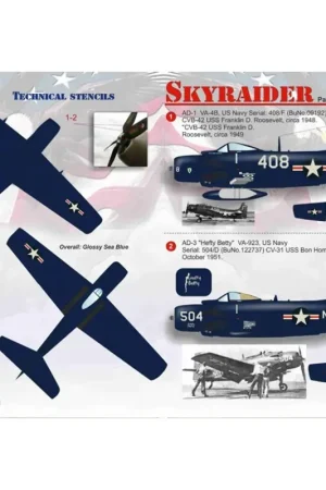 Sticker Douglas A-1 Skyraider Part 21. AD-1 VA-4B, US Navy Serial: 408/F (BuNo.09192) CVB-42 USS Franklin D. Roosevelt, circa 19 Uitverkoop