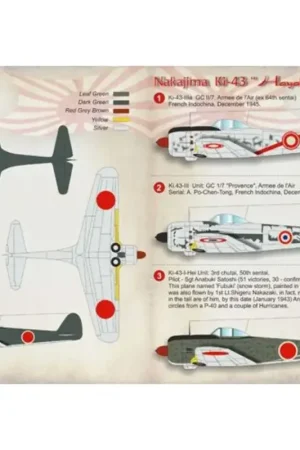 Fabrieksprijs Sticker Nakajima Ki-43 Hayabusa 1. Ki-43-IIIa GC II/7, Armee de l'Air (ex 64th sentai) French Indochina, December 1945.2. Ki.43-