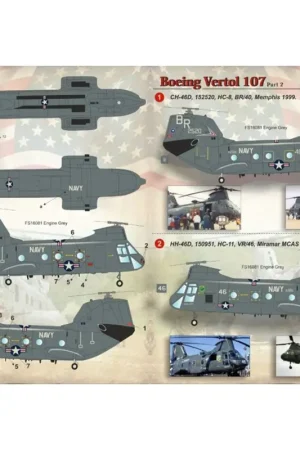 Direct Beschikbaar Sticker Boeing Vertol 107 Part 2 / 72-153 /1. CH-46D, 152520, HC-8, BR/40, Memphis 1999.2. HH-46D, 150951, HC-11, VR/46, Miramar