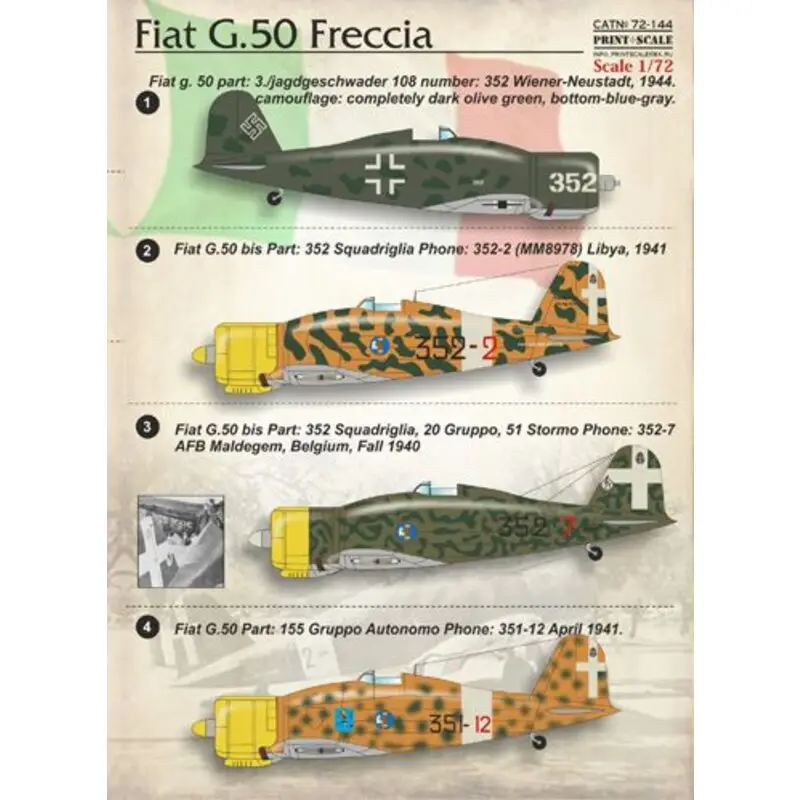 Sticker Fiat G.50 Freccia / 72-144 /1. Fiat g. 50 part: 3./jagdgeschwader 108 number: 352 Wiener-Neustadt, 1944.2. Fiat G.50 bis Actieprijs