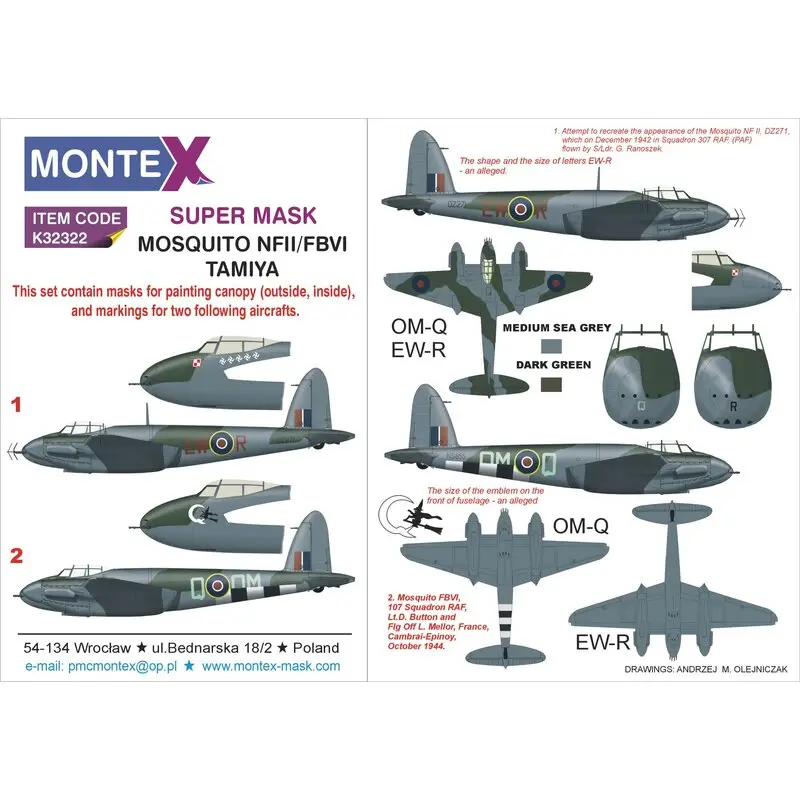 de Havilland Mosquito FB Mk.VI (designed to be used with Tamiya kits) 2 canopy masks (outside and inside canopy masks) + 3 insi Direct Beschikbaar