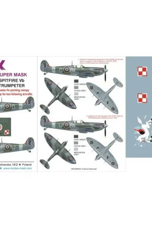 Supermarine Spitfire Mk.Vb (designed to be used with Trumpeter kits) 2 canopy masks (outside and inside canopy masks) + 3 ins Gratis Retour