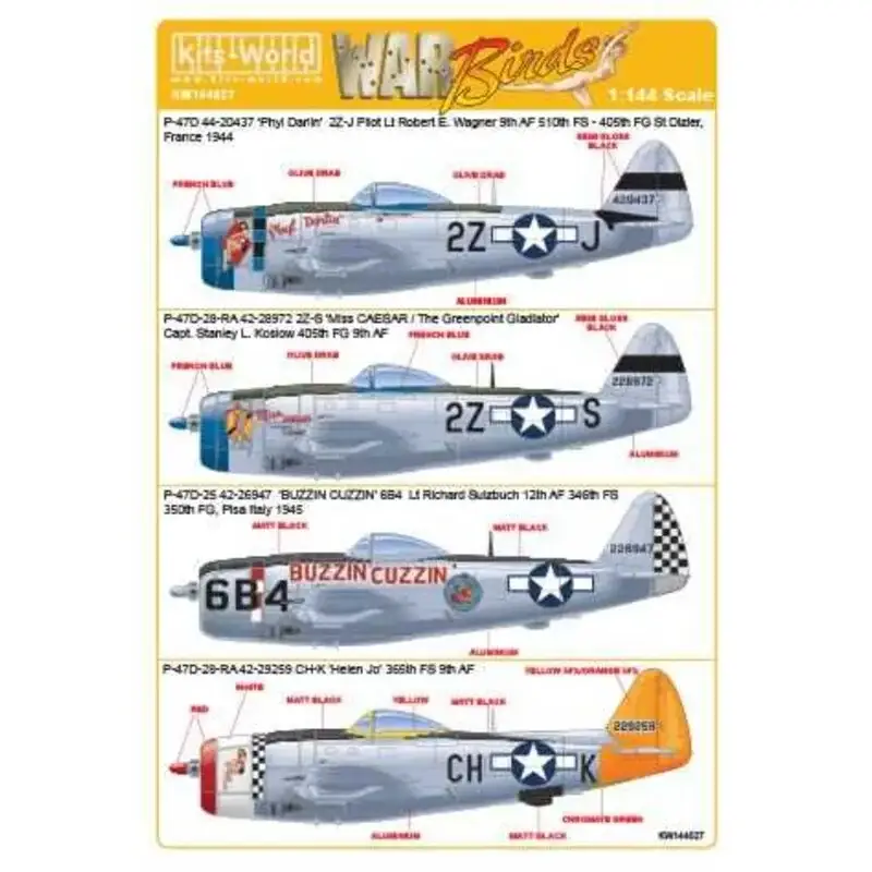 Sticker Republic P -47D -28 -RA Thunderbolt 42-28972 2Z- CAESAR Miss S / THE Greenpoint Gladiator Capt . Stanley L. Koslow 405th Nieuw