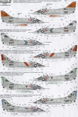 Sticker Douglas A-4B Skyhawk Part 2 ((7) 1428748 UE/27 VC-5 Checker Tails Cuba Point 1967; 142693 AK/310 VA-12 Flying Ubangis U. Laatste Kans