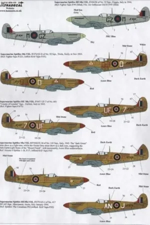Bestel Nu Sticker Supermarine Spitfire Mk.VIII (11) JF476 QJ-D 92 Sqn Sicily JF447 1943 UF-7601 Sqn County of London Sqn Italy 1943 MT9