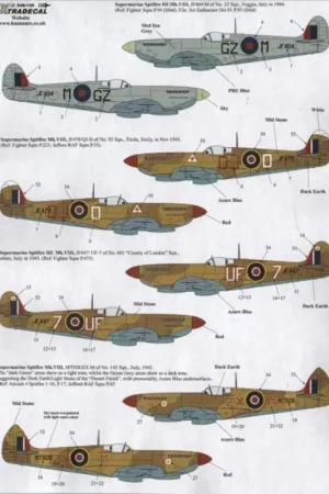 Sticker Supermarine Spitfire Mk.VIII (8) JF404 GZ-M 32 Sqn Italy 1944 JF476 QL-D 92 Sqn Sicily JF447 1943 UF-7601 County of Hete Deal