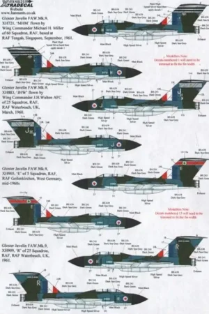 Sticker Gloster Javelin FAW Mk.9 Part 1 (5) XH721 MHM flown by Wing Co Michael Miller 60 Sqn RAF Tengah 1961 XH883 25 Sqn RAF W Fabrieksprijs