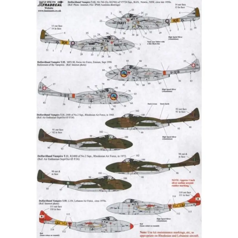 Sticker de Havilland Vampire T.55 Overseas Operators Part 2 (7) R Australian Navy XG766 VT724 Nowra, NSW 1950s, Swiss AF U-1215 Koop Vandaag