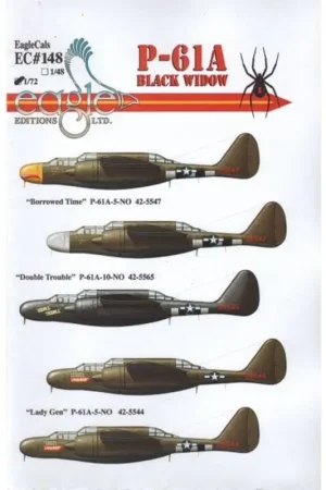 Sticker Northrop P-61A Black Widow. - Borrowed Time - P-61A-5-NO - 42-5547 - Double Trouble - P-61A-10-NO - 42-5565 - Lady Gen - Uitverkoop